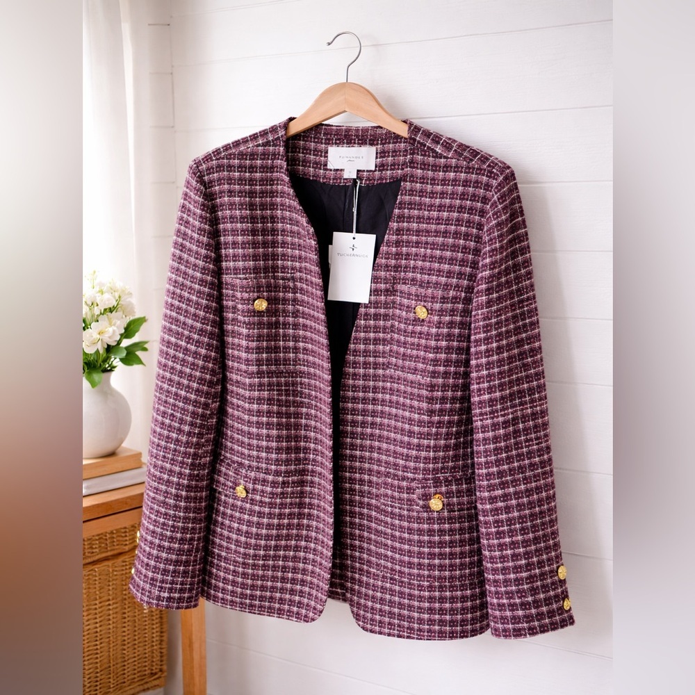 Tuckernuck Pomander Place Plum And White Tweed Blazer With Gold Buttons, M, Nwt
